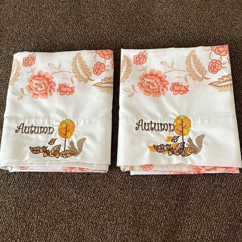 Set 2 Custom Autumn Embroidered White with Red/Brown Floral Accent Pillowcases